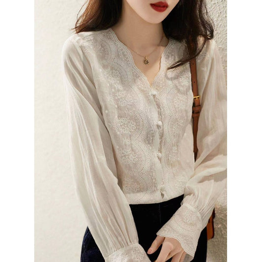 Fashion New V-neck Retro Cotton And Linen Inner And Outer Wear Shirt Women