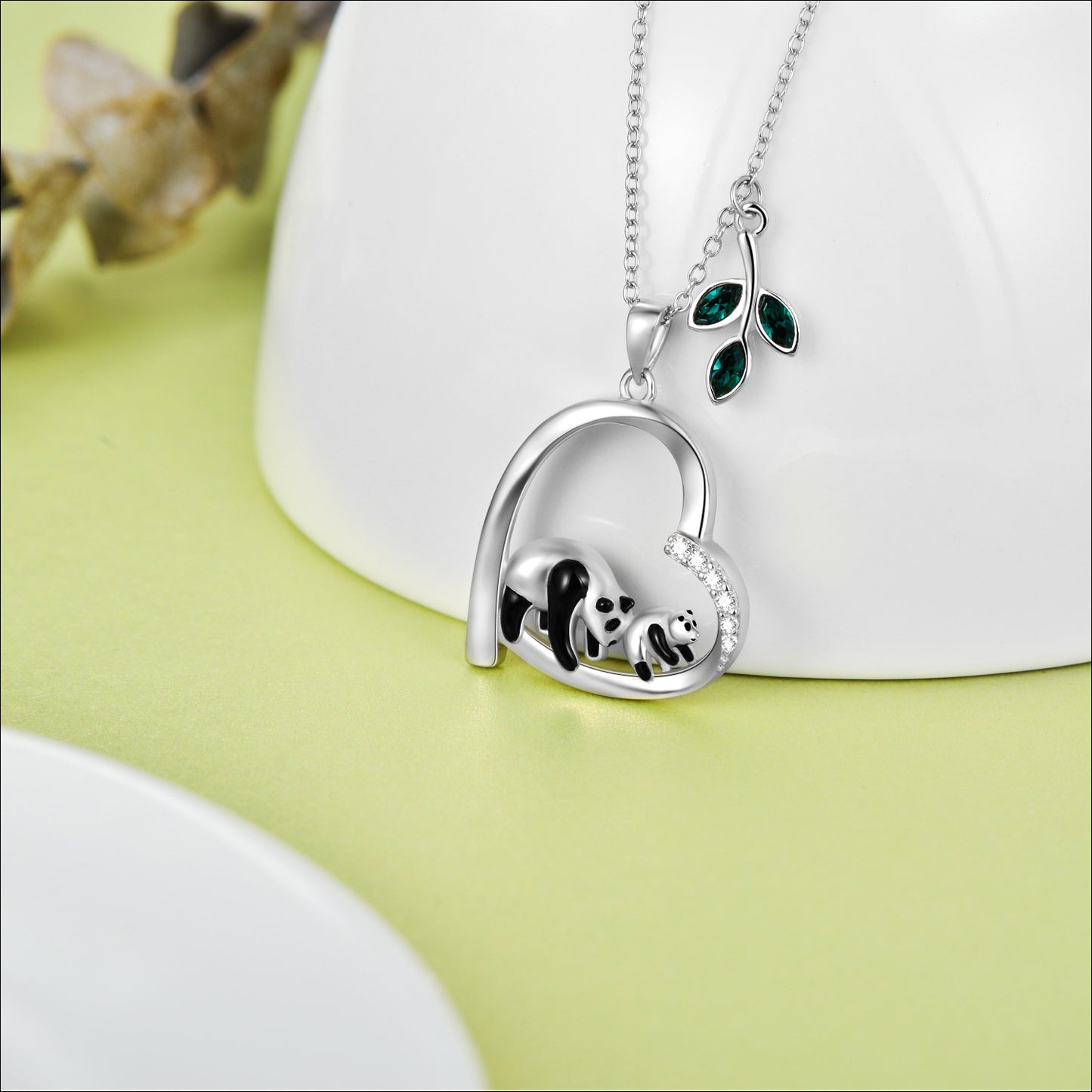 Panda Daughter Mother Necklace with Sterling Silver Heart Pendant Embellished Crystals