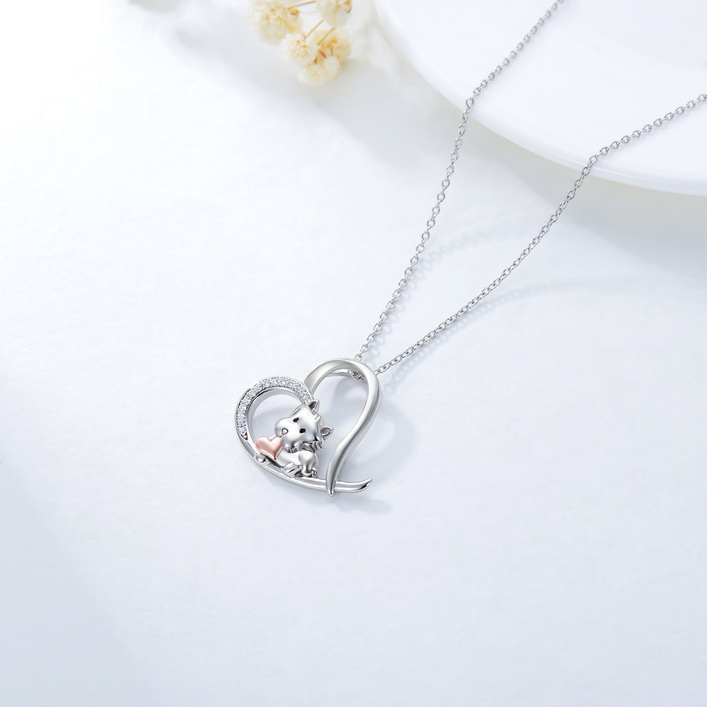 Necklace Sterling Silver with Love Heart Puppy Dog Pendant Necklace -Perfect Gift for Women