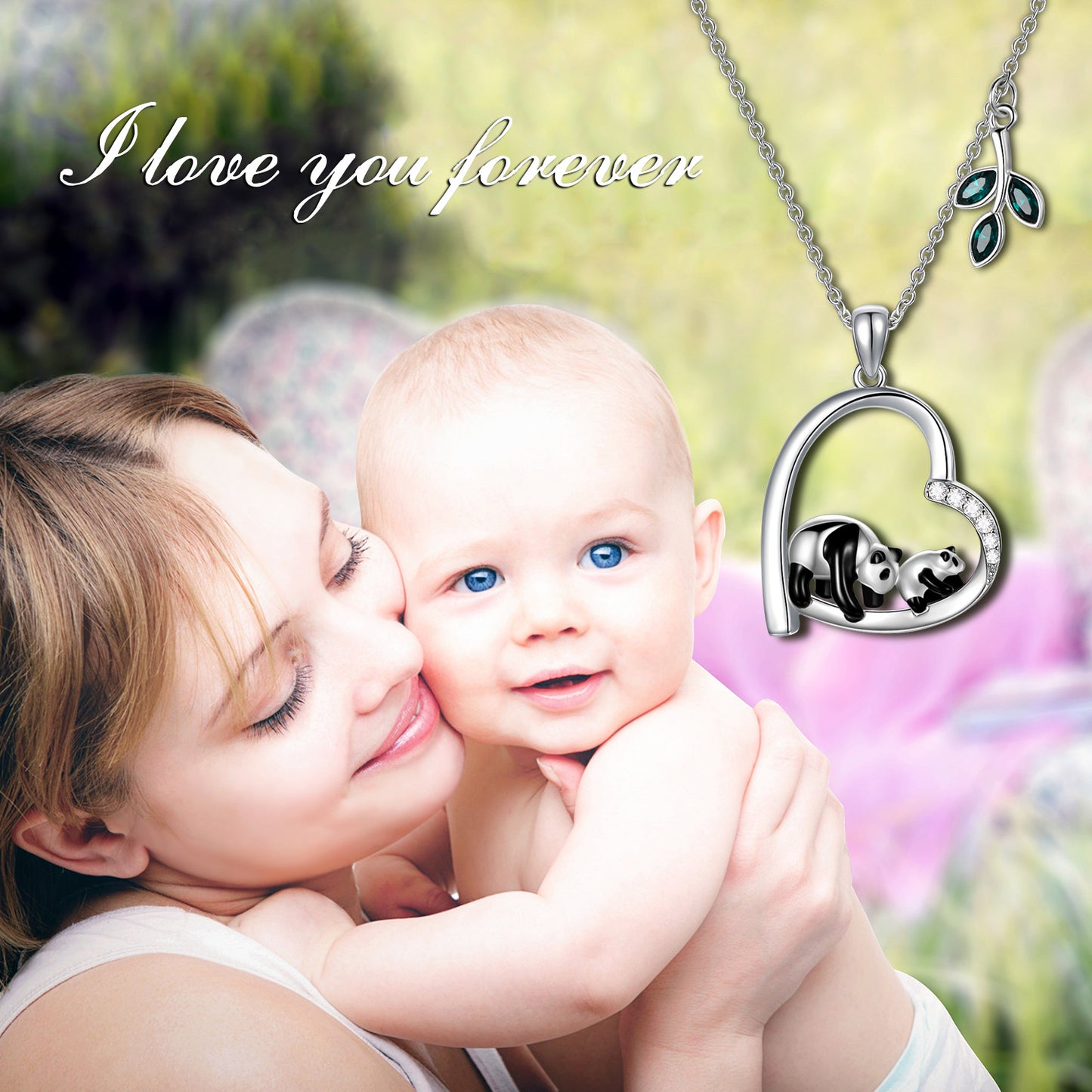 Panda Daughter Mother Necklace with Sterling Silver Heart Pendant Embellished Crystals