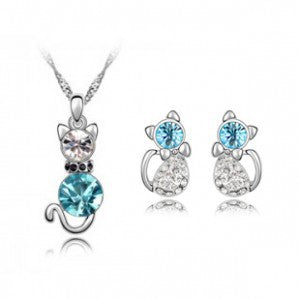 Romantic Engagement Silver Plated Cute Cat Jewellery Sets