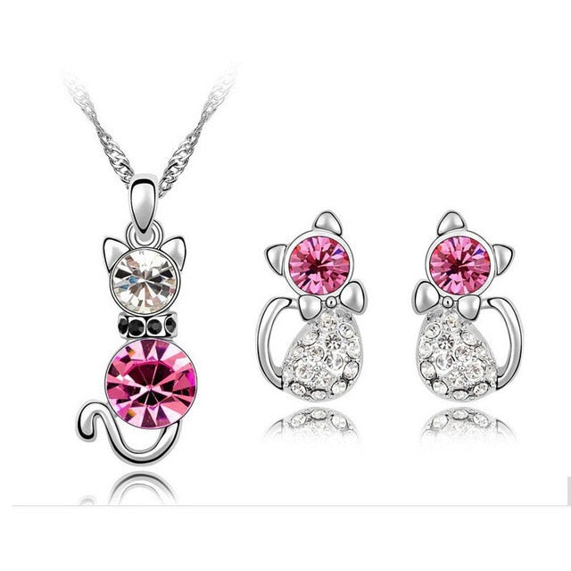 Romantic Engagement Silver Plated Cute Cat Jewellery Sets