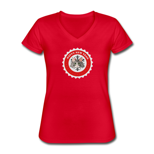 Women's V-Neck Happy New Year T-Shirt - red