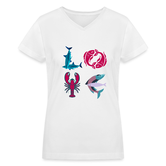 Women's V-Neck T-Shirt-Love Fish - white