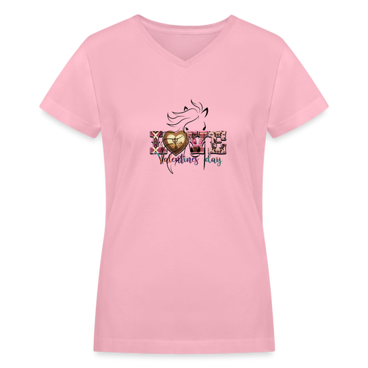 Women's V-Neck T-Shirt-Love Horse-Valentine;s day - pink