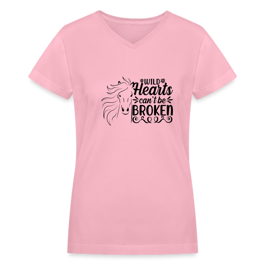 Women's V-Neck T-Shirt-pink-wild hearts-love horse - pink