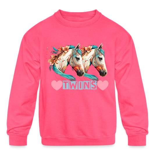 Kids' Crewneck Sweatshirt-Pink-Love Horse-twins - neon pink